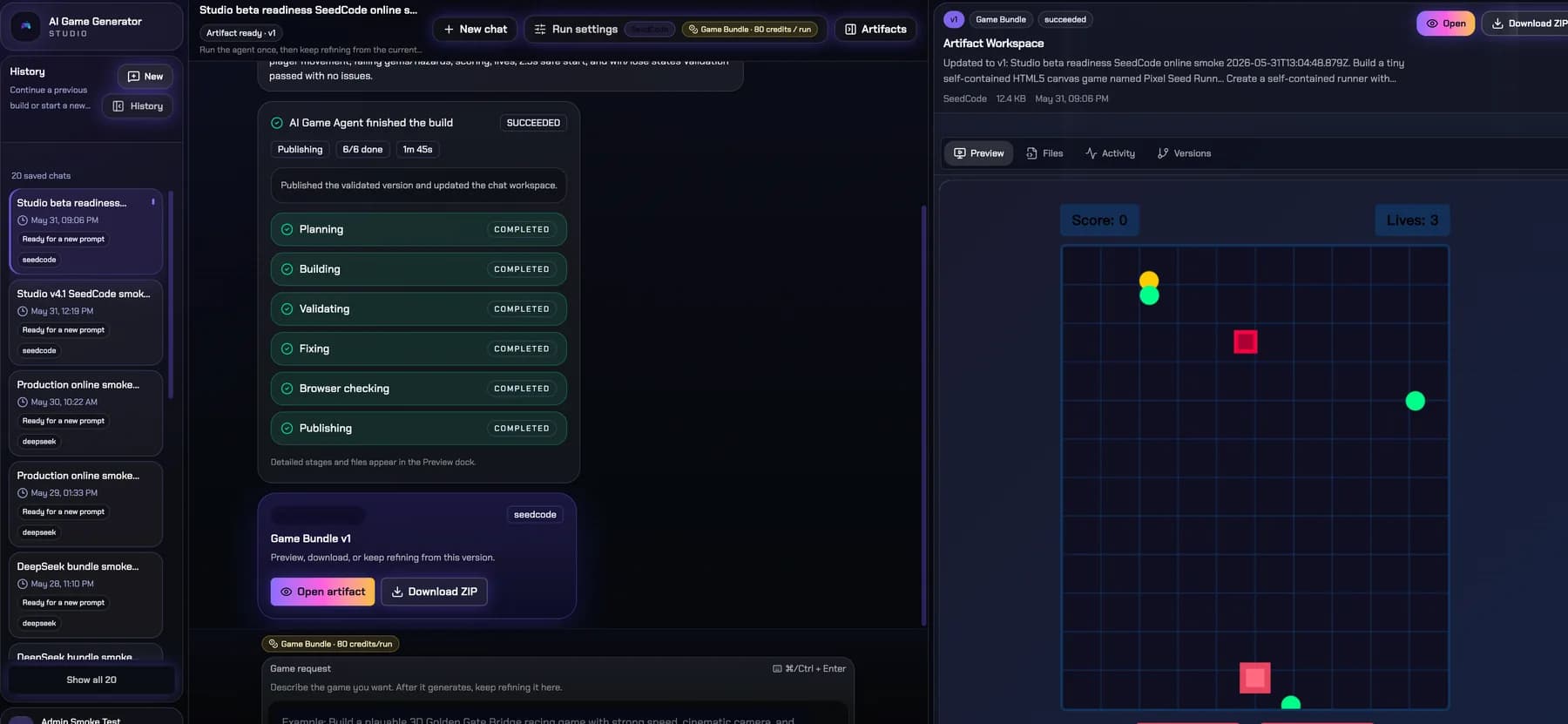 AI Game Generator Studio workspace with chat history, completed agent stages, and playable artifact preview